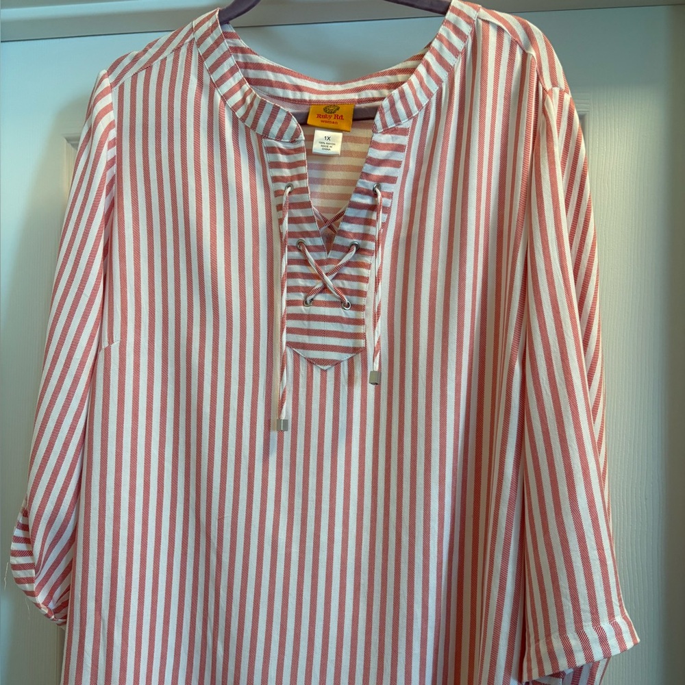 Ruby Rd 1x Orange/pink (not red) and White Striped Tunic Top